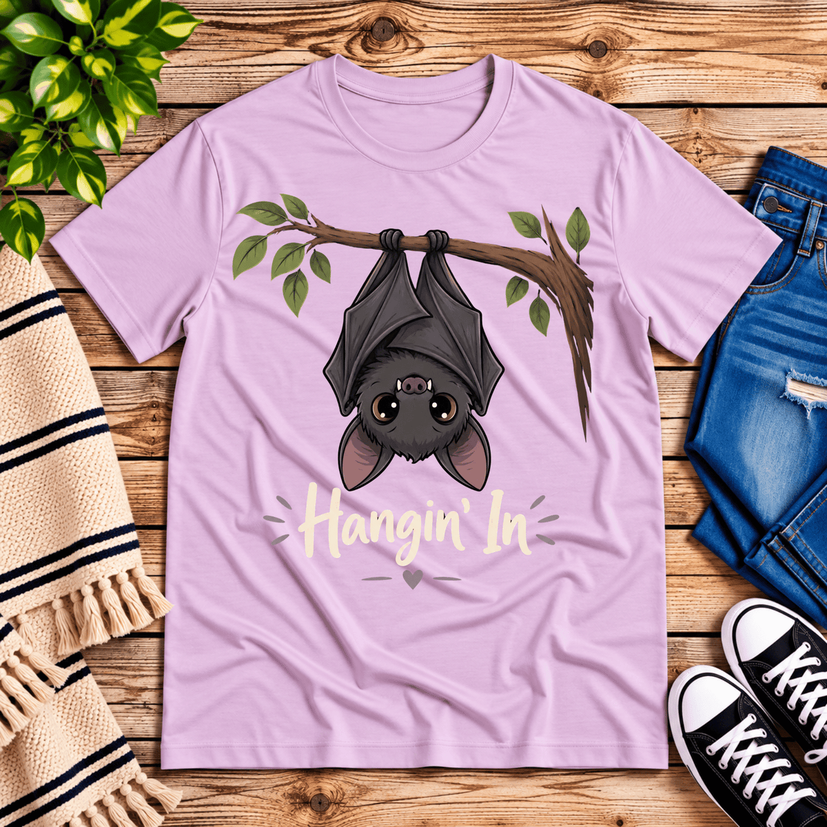Hangin' In cute introvert graphic t-shirt cozy flat lay in lilac.