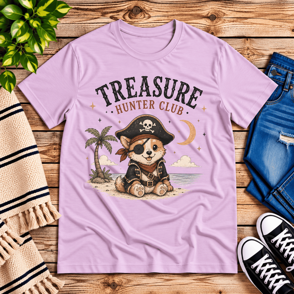 Treasure Hunter Club cute animal graphic t-shirt cozy flat lay in lilac.