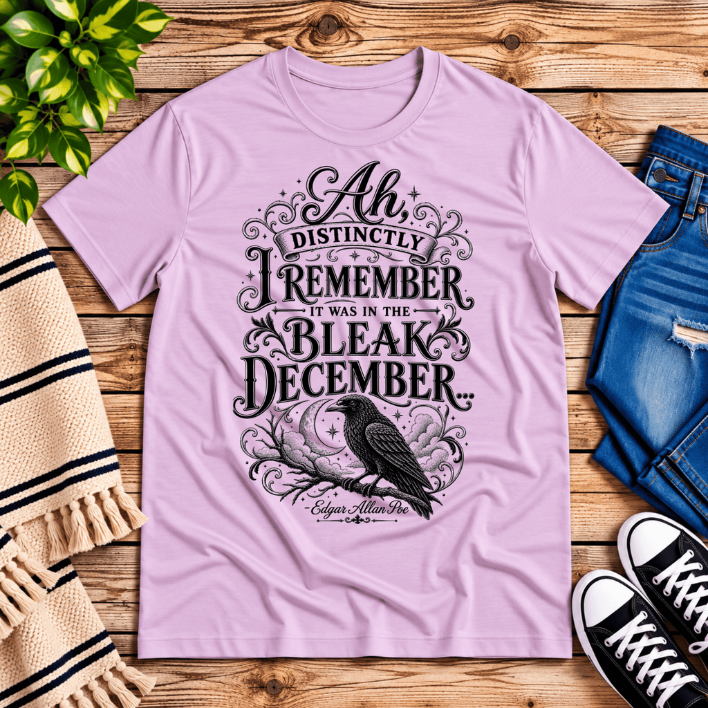 Bleak December book quote graphic t-shirt cozy flat lay in lilac.