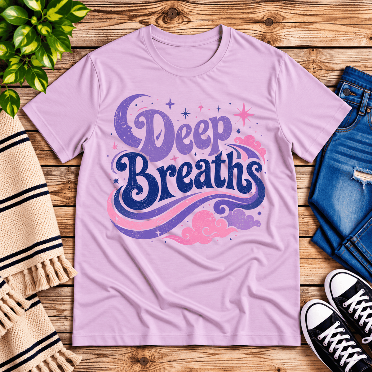Deep Breaths inspirational introvert graphic t-shirt cozy flat lay in lilac.