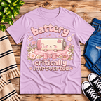 Battery Critical funny introvert graphic t-shirt cozy flat lay in lilac.
