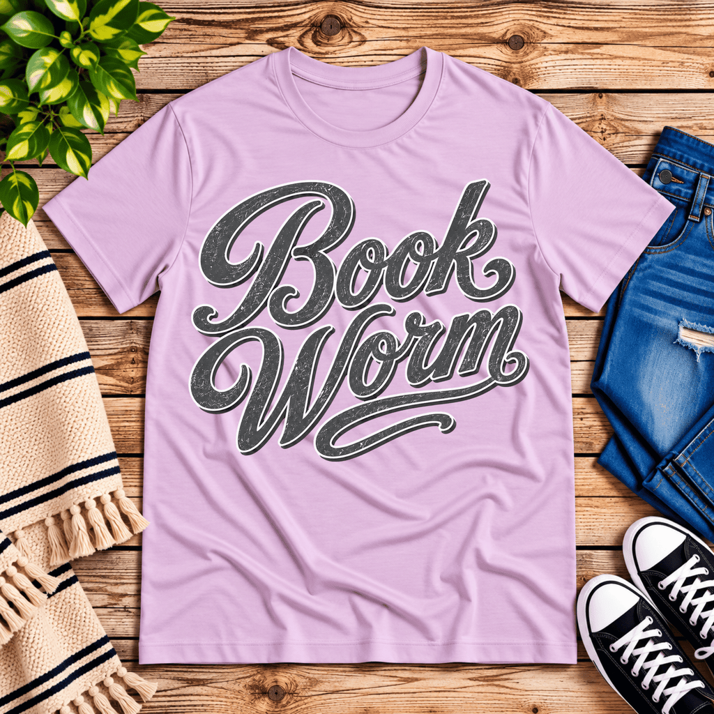 Book Worm book lover graphic t-shirt cozy flat lay in lilac.