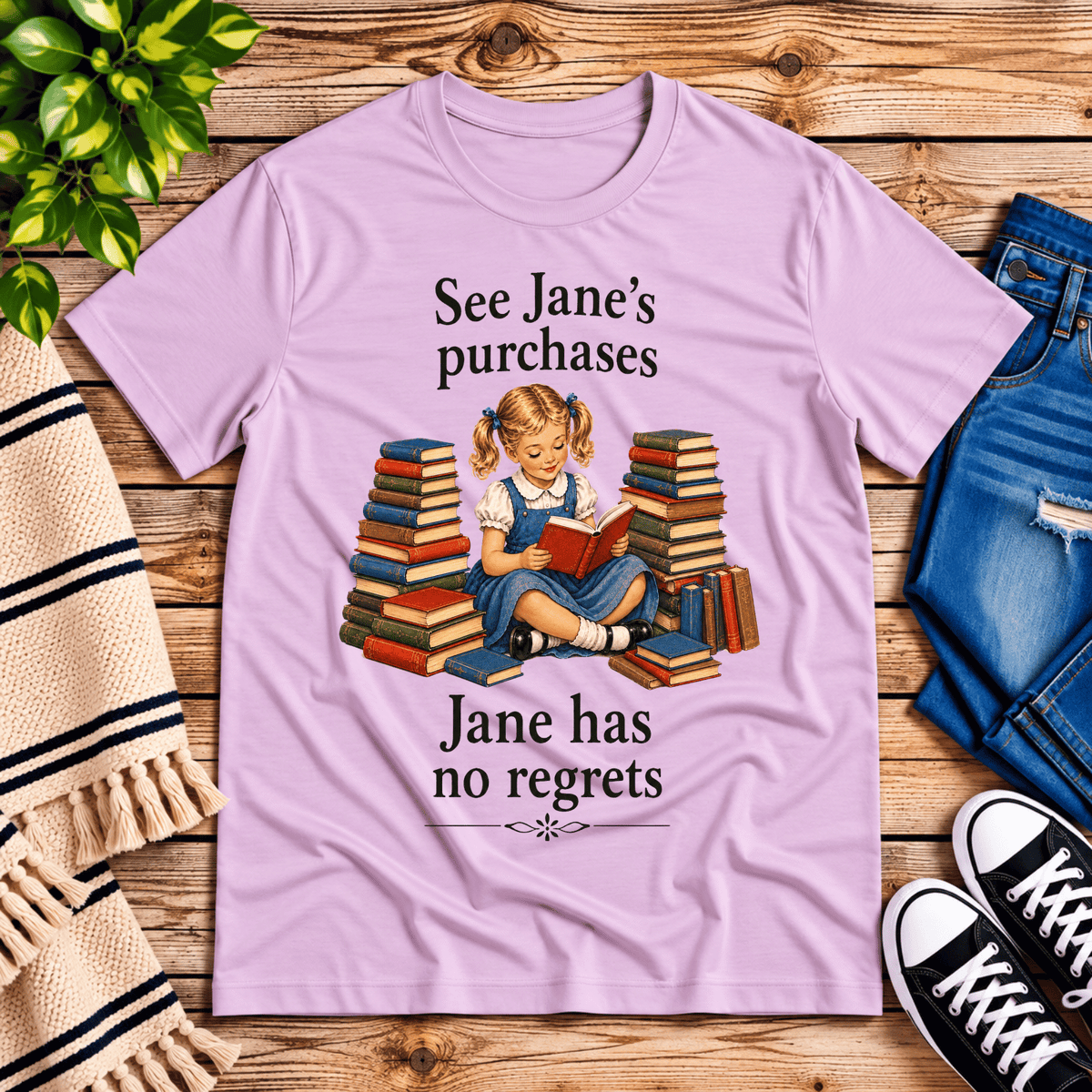 See Jane's Purchases vintage book graphic t-shirt cozy flat lay in lilac.