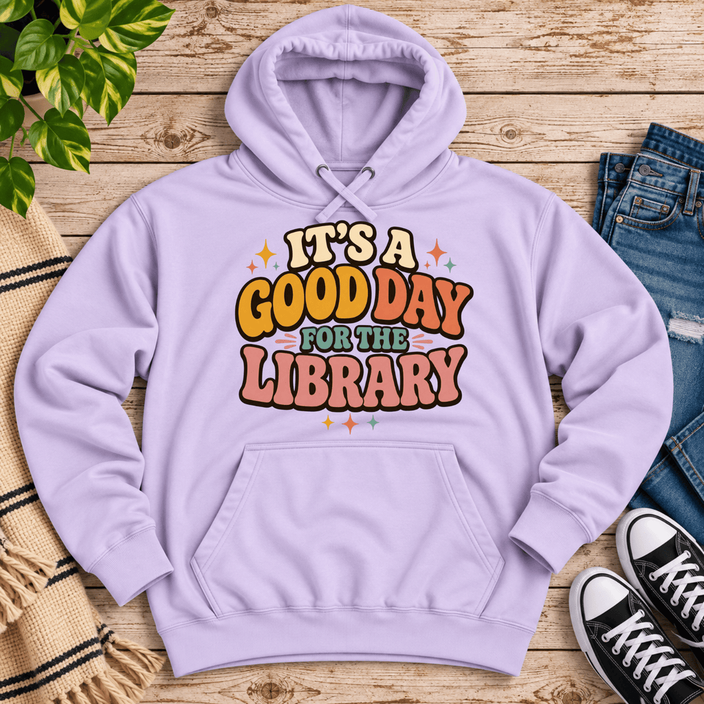 It's A Good Day cute book graphic hoodie cozy flat lay in lilac.