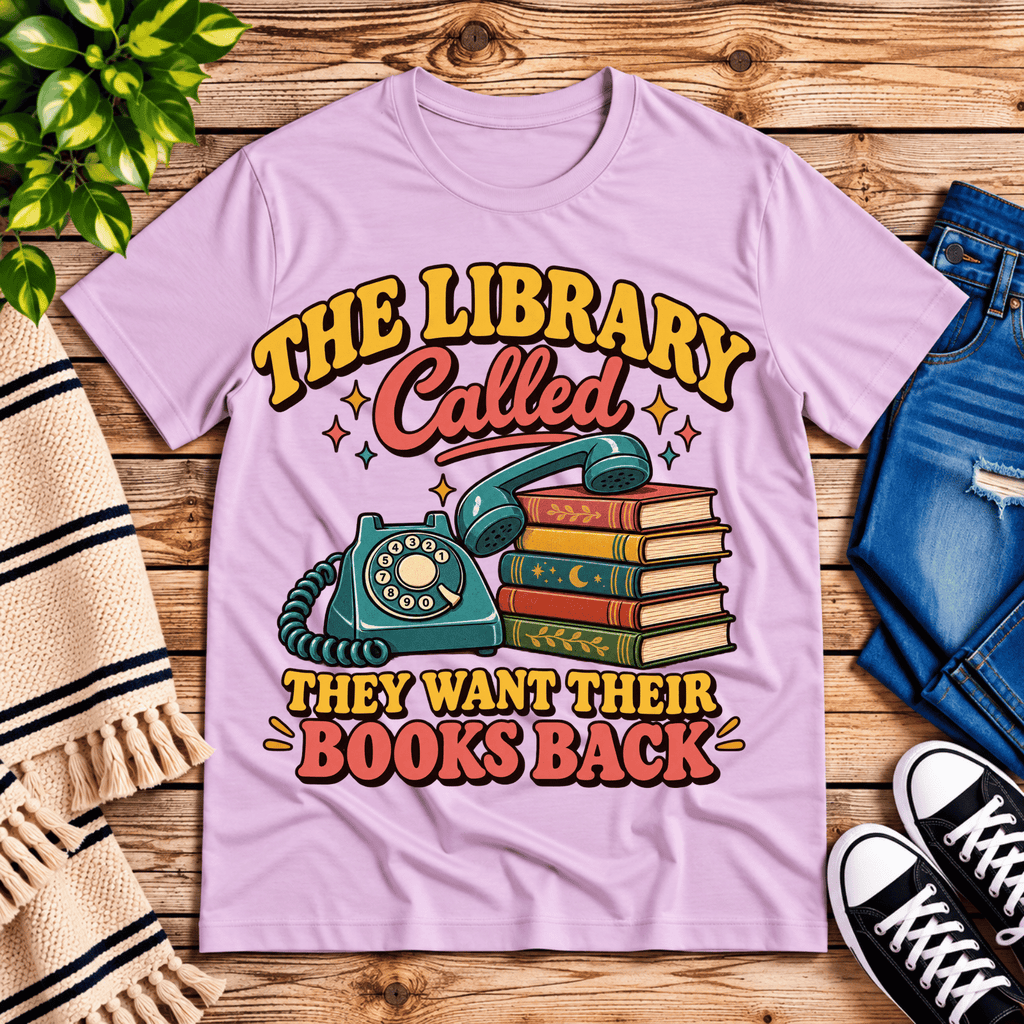 The Library Called book lovers graphic t-shirt cozy flat lay in lilac.
