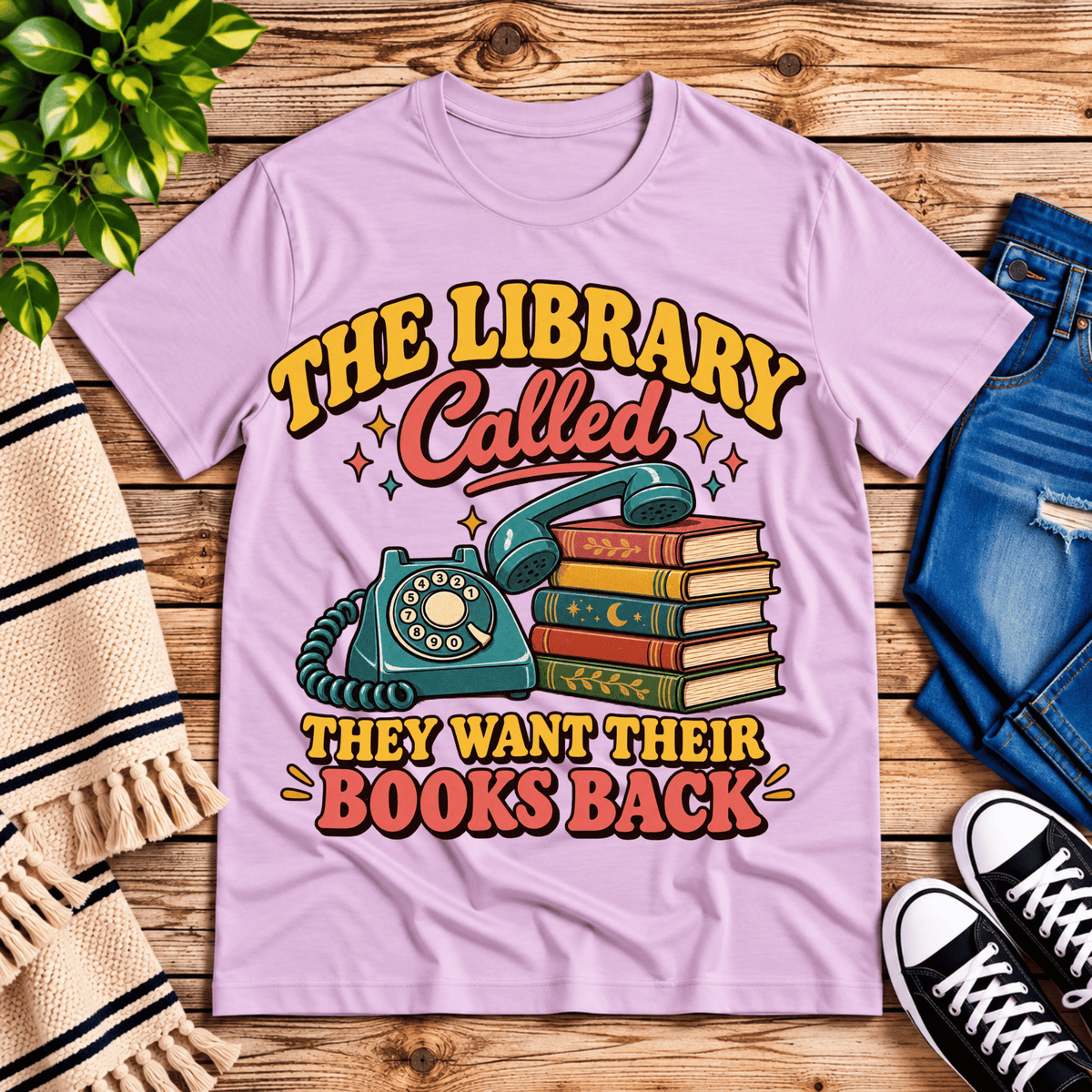The Library Called book lovers graphic t-shirt cozy flat lay in lilac.