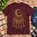 Cosmic Keyring whimsical celestial graphic t-shirt cozy flat lay in maroon.