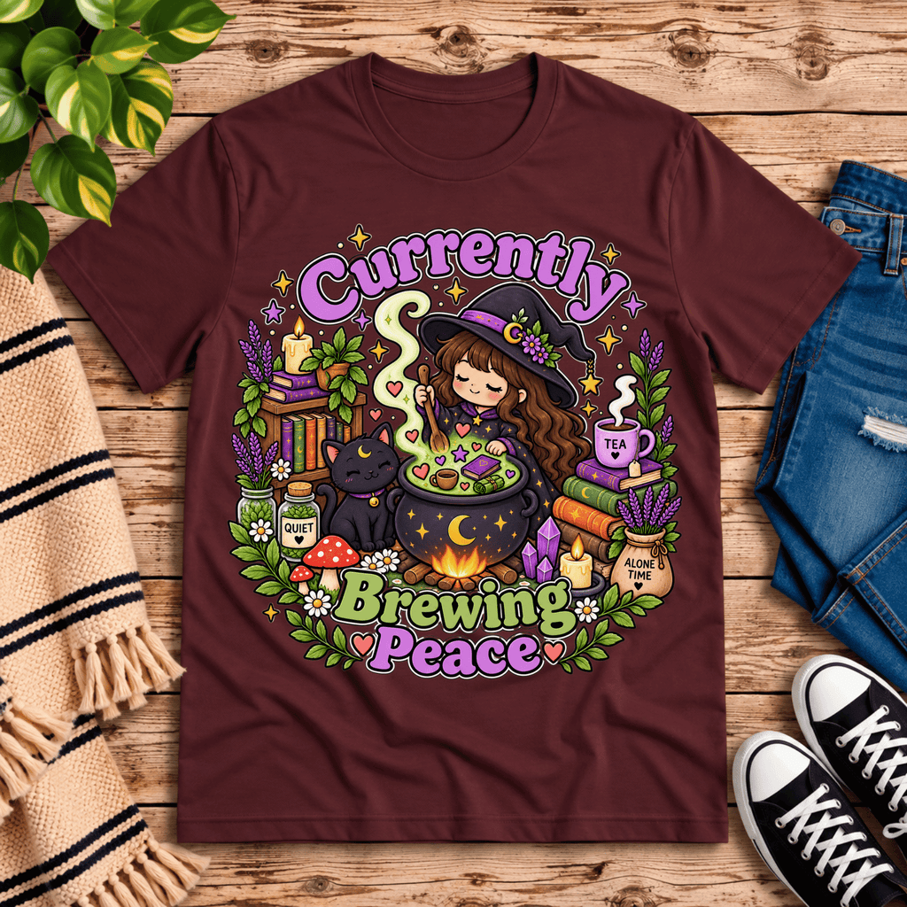 Currently Brewing cute witchy graphic t-shirt cozy flat lay in maroon.