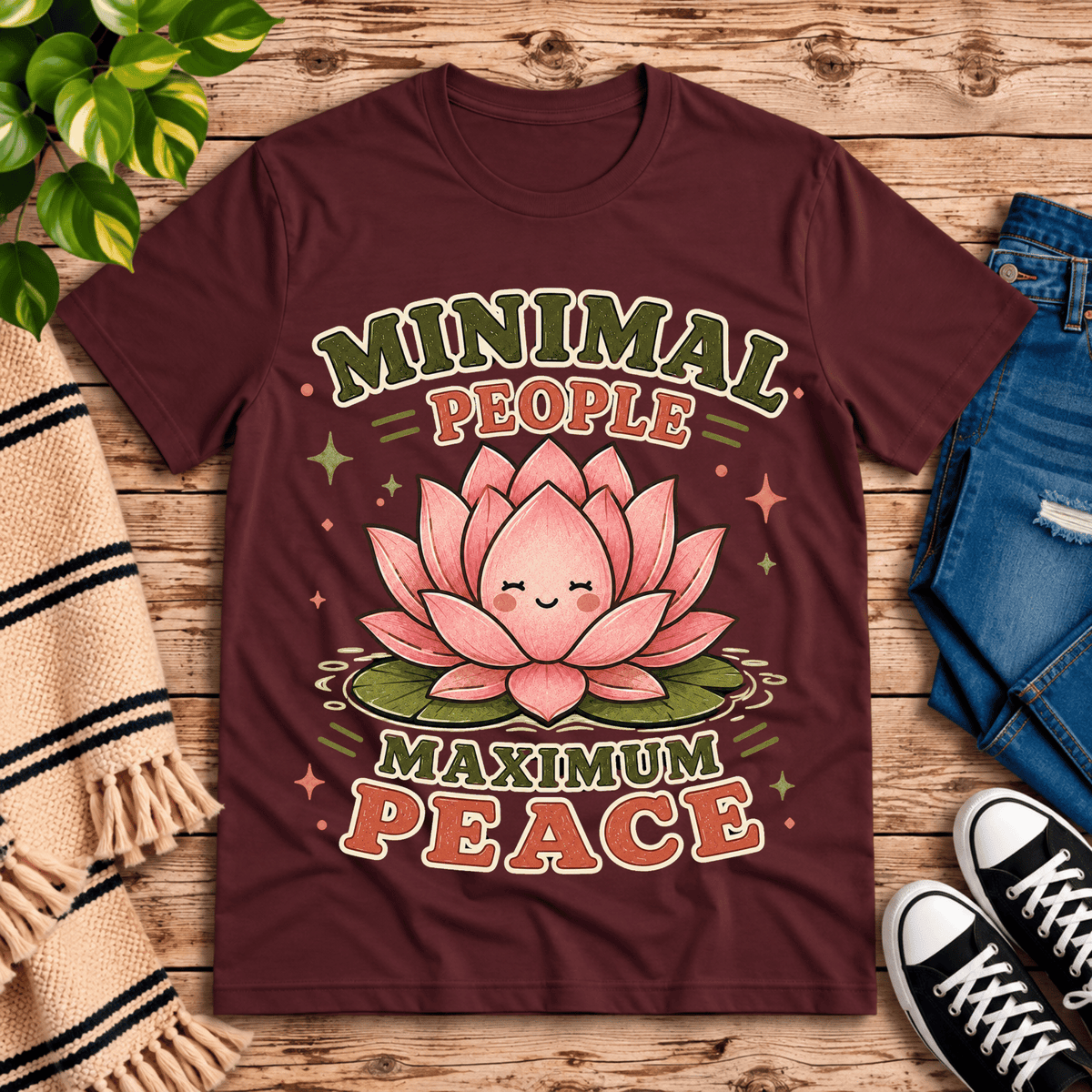 Minimal People cute nature graphic t-shirt cozy flat lay in maroon.
