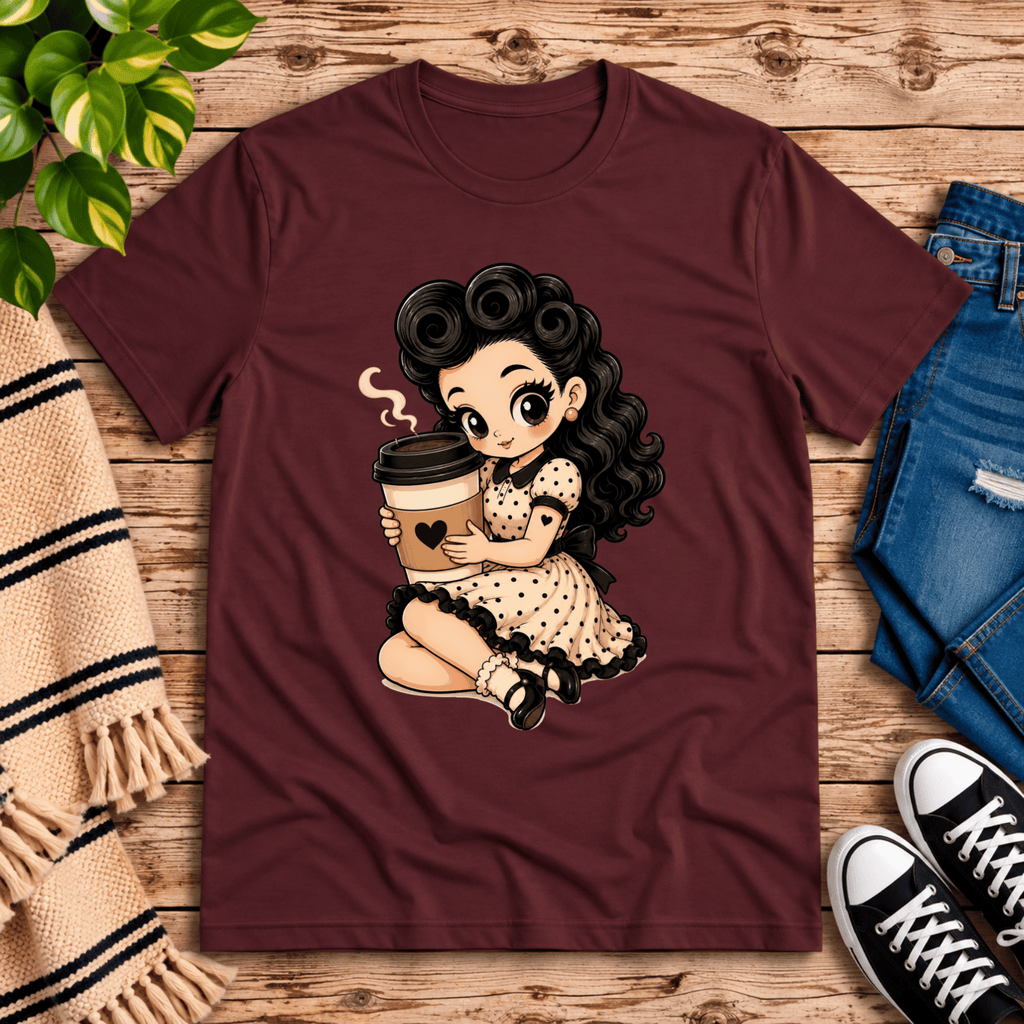Coffee Clara pinup graphic t-shirt cozy flat lay in maroon.