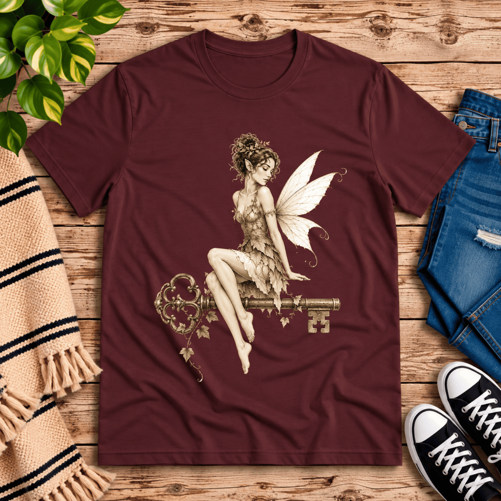 Key Fairy pinup graphic t-shirt cozy flat lay in maroon.