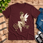 Key Fairy pinup graphic t-shirt cozy flat lay in maroon.