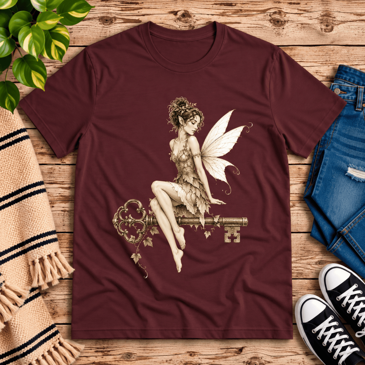Key Fairy pinup graphic t-shirt cozy flat lay in maroon.