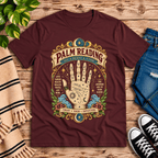 Palm Reading retro mystical graphic t-shirt cozy flat lay in maroon.