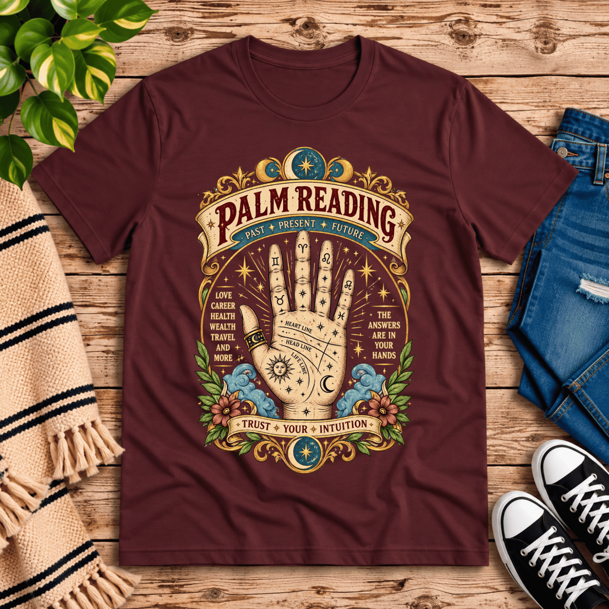 Palm Reading retro mystical graphic t-shirt cozy flat lay in maroon.