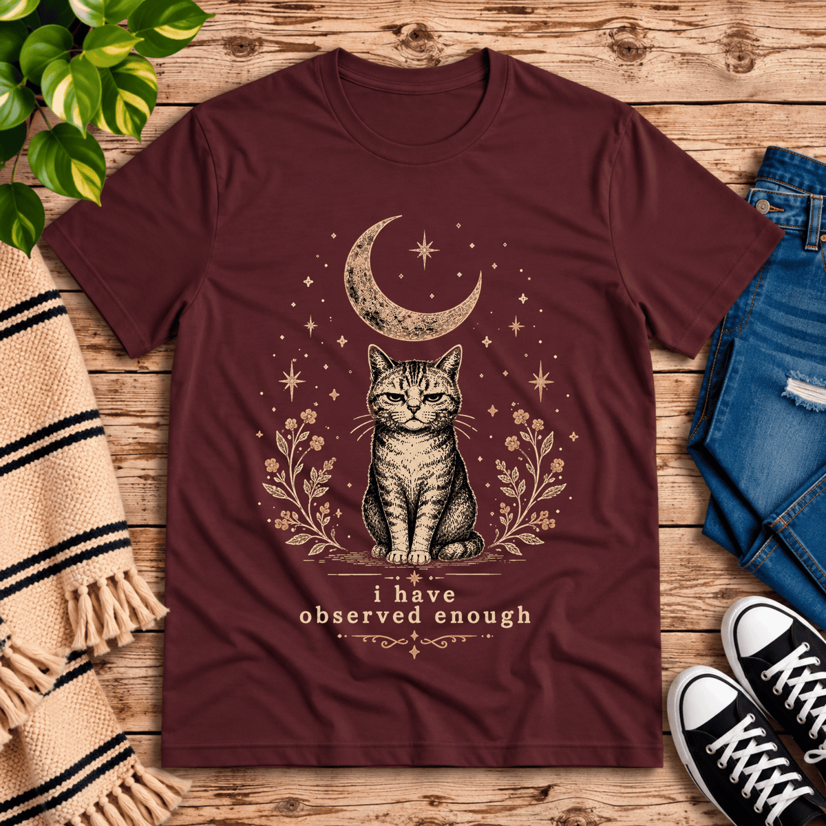 I Have Observed Enough cute animal graphic t-shirt cozy flat lay in maroon.