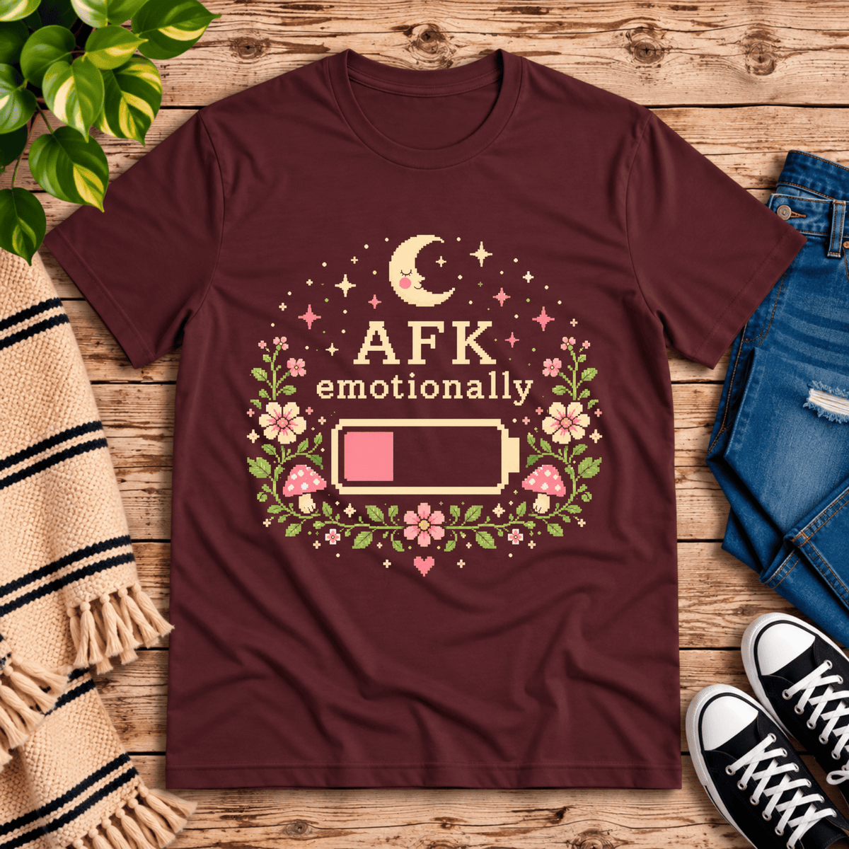 AFK funny introvert graphic t-shirt cozy flat lay in maroon.