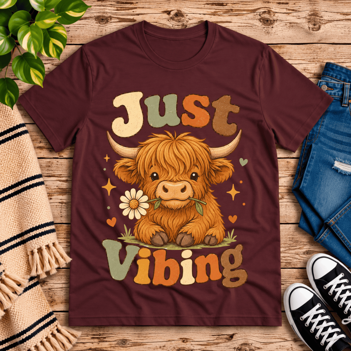 Just Vibing Cow cute animal graphic t-shirt cozy flat lay in maroon.