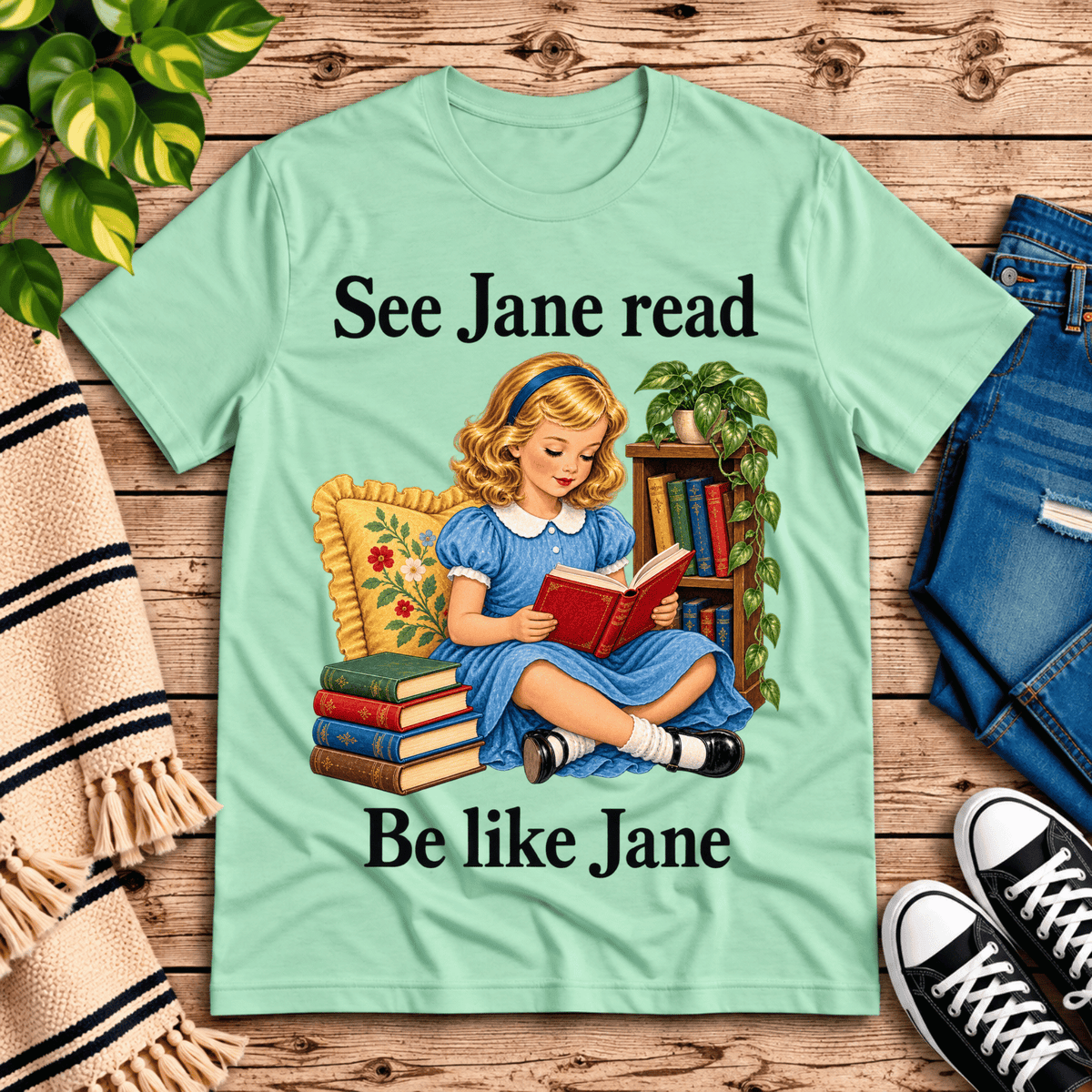 See Jane Read vintage book graphic t-shirt cozy flat lay in mint.