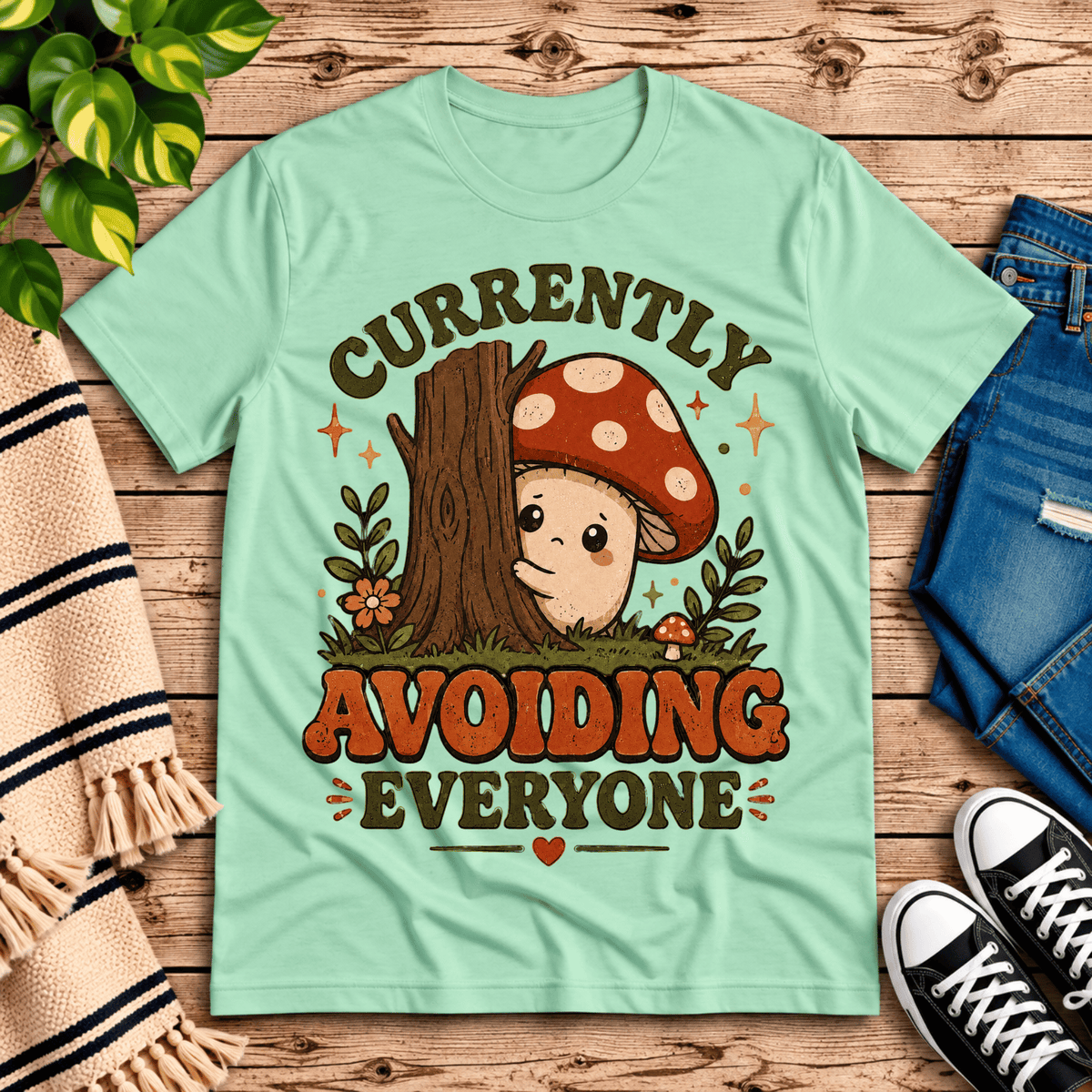 Currently Avoiding funny cottagecore graphic t-shirt cozy flat lay in mint.