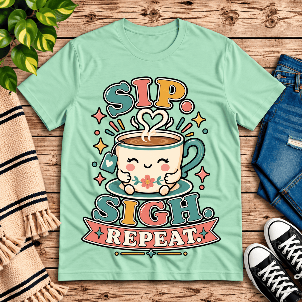 Sip. Sigh. Repeat. coffee graphic t-shirt cozy flat lay in mint.