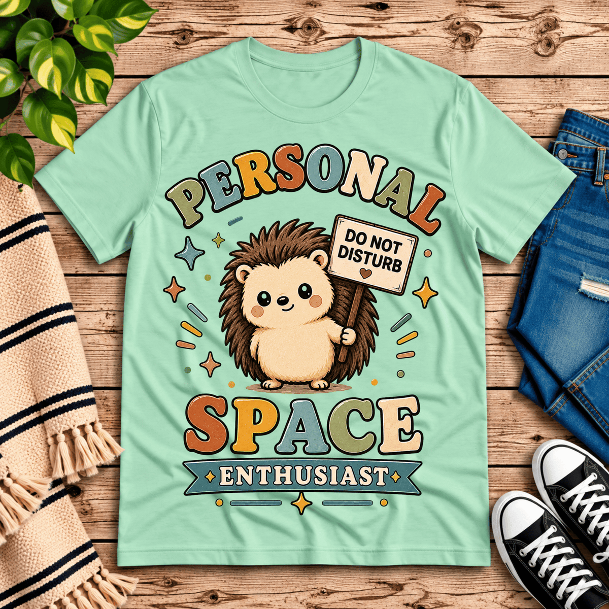 Personal Space Enthusiast cute animal graphic t-shirt cozy flat lay in mint.
