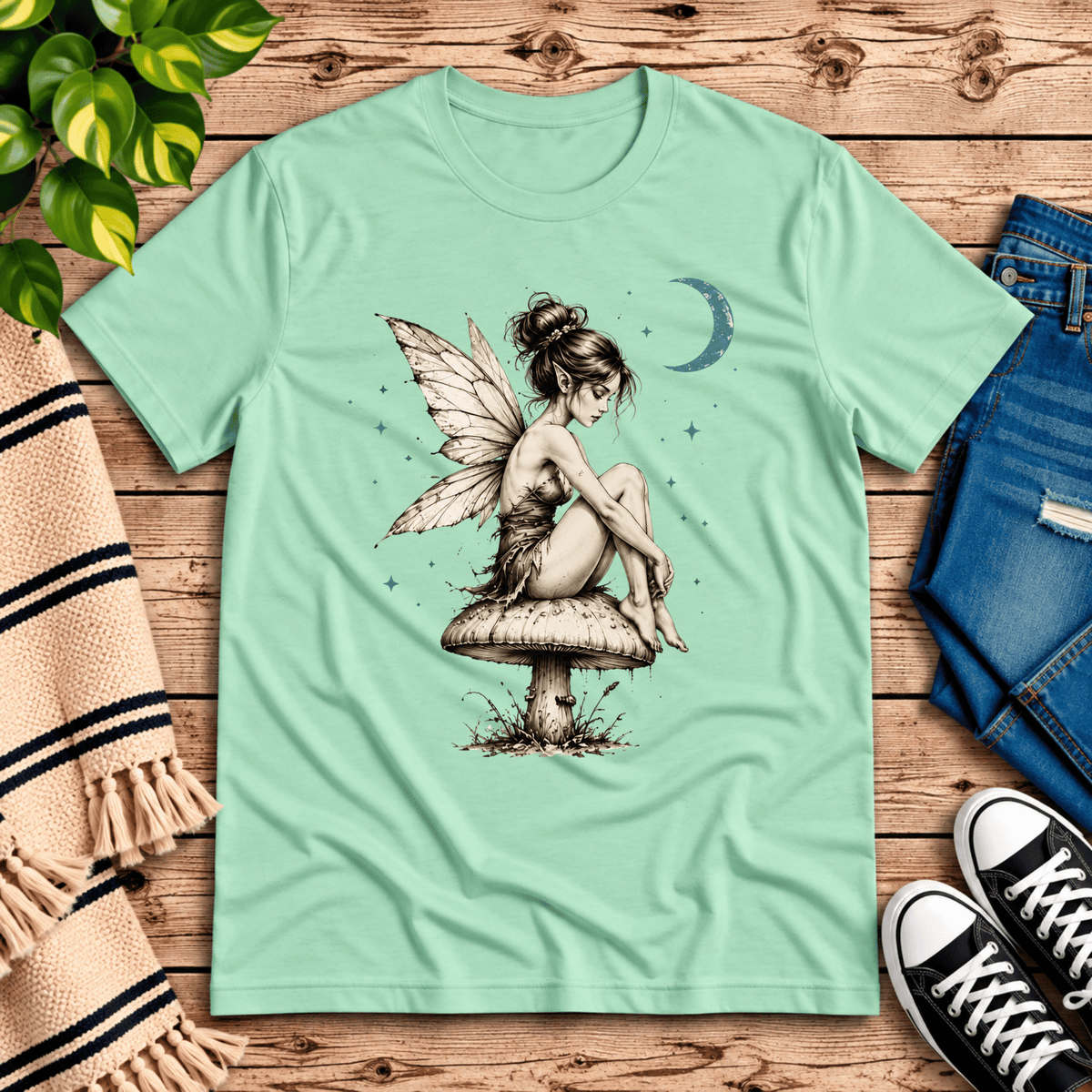 Mushroom Fairy vintage fairy graphic t-shirt cozy flat lay in mint.