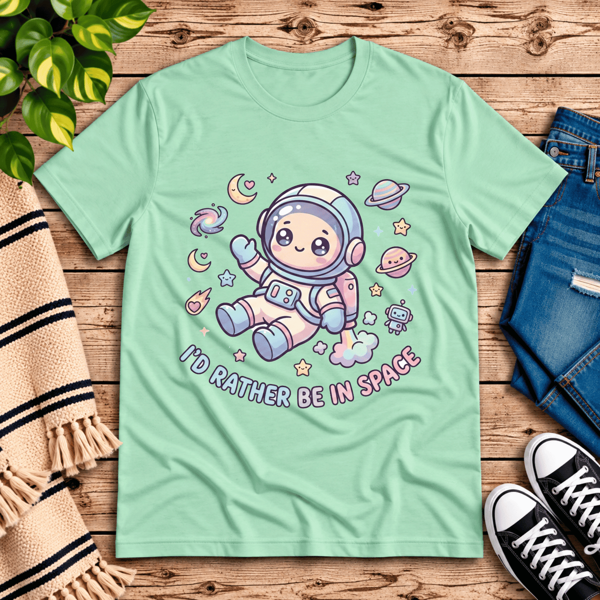 Floating In Space funny introvert graphic t-shirt cozy flat lay in mint.