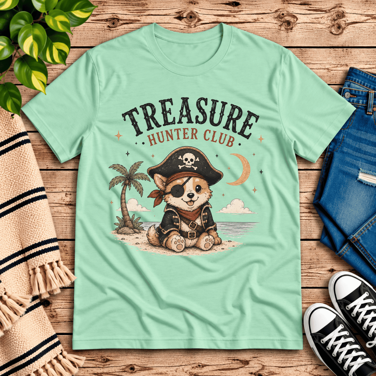 Treasure Hunter Club cute animal graphic t-shirt cozy flat lay in mint.
