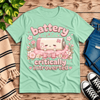 Battery Critical funny introvert graphic t-shirt cozy flat lay in mint.