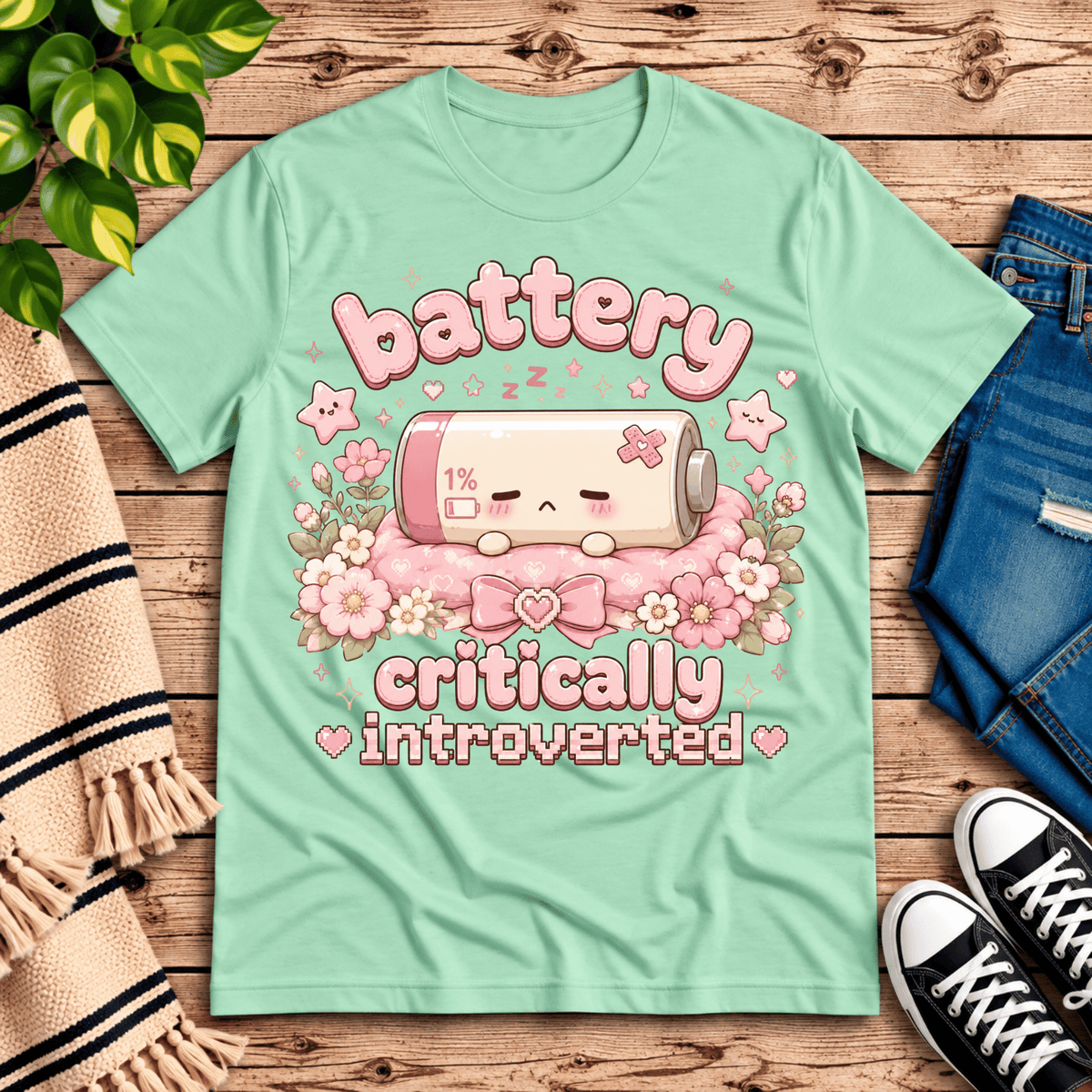Battery Critical funny introvert graphic t-shirt cozy flat lay in mint.