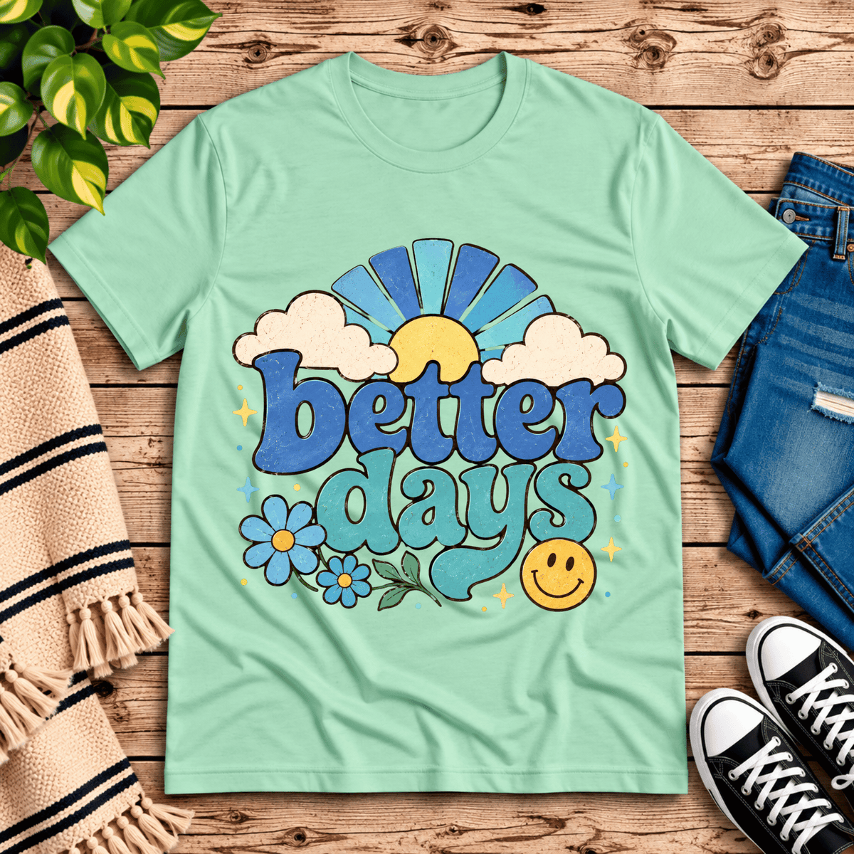 Better Days inspirational introvert graphic t-shirt cozy flat lay in mint.