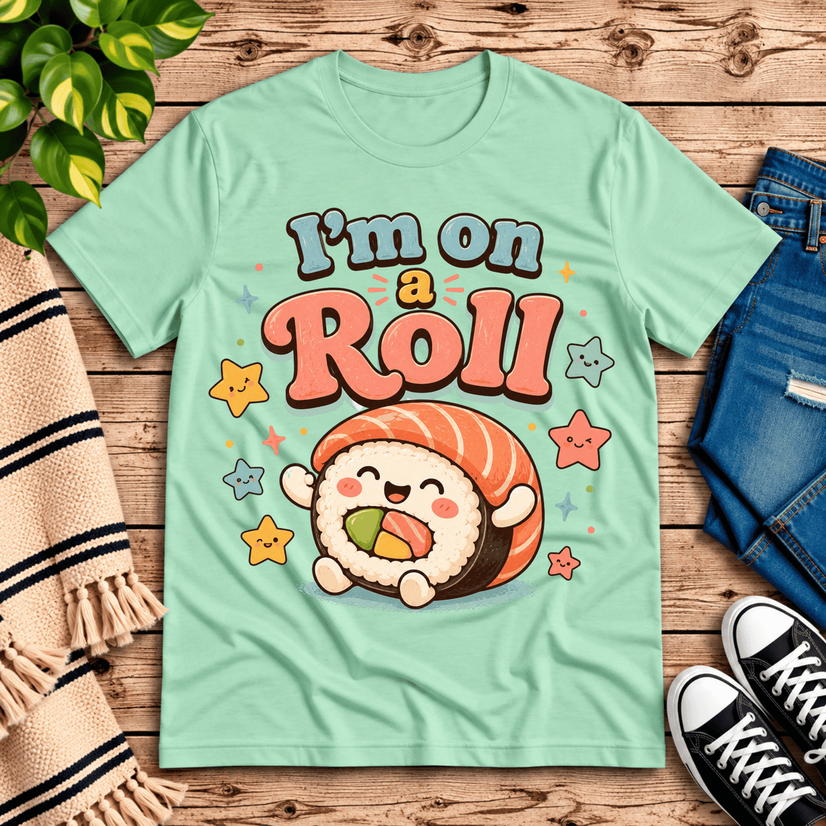 I'm On A Roll cute food graphic t-shirt cozy flat lay in mint.