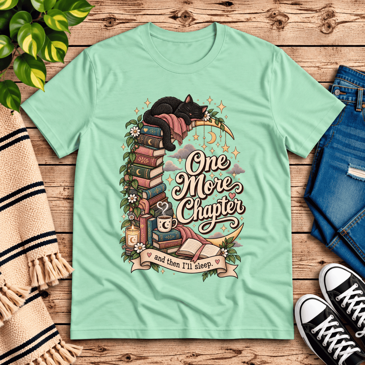 One More Chapter cute book graphic t-shirt cozy flat lay in mint.