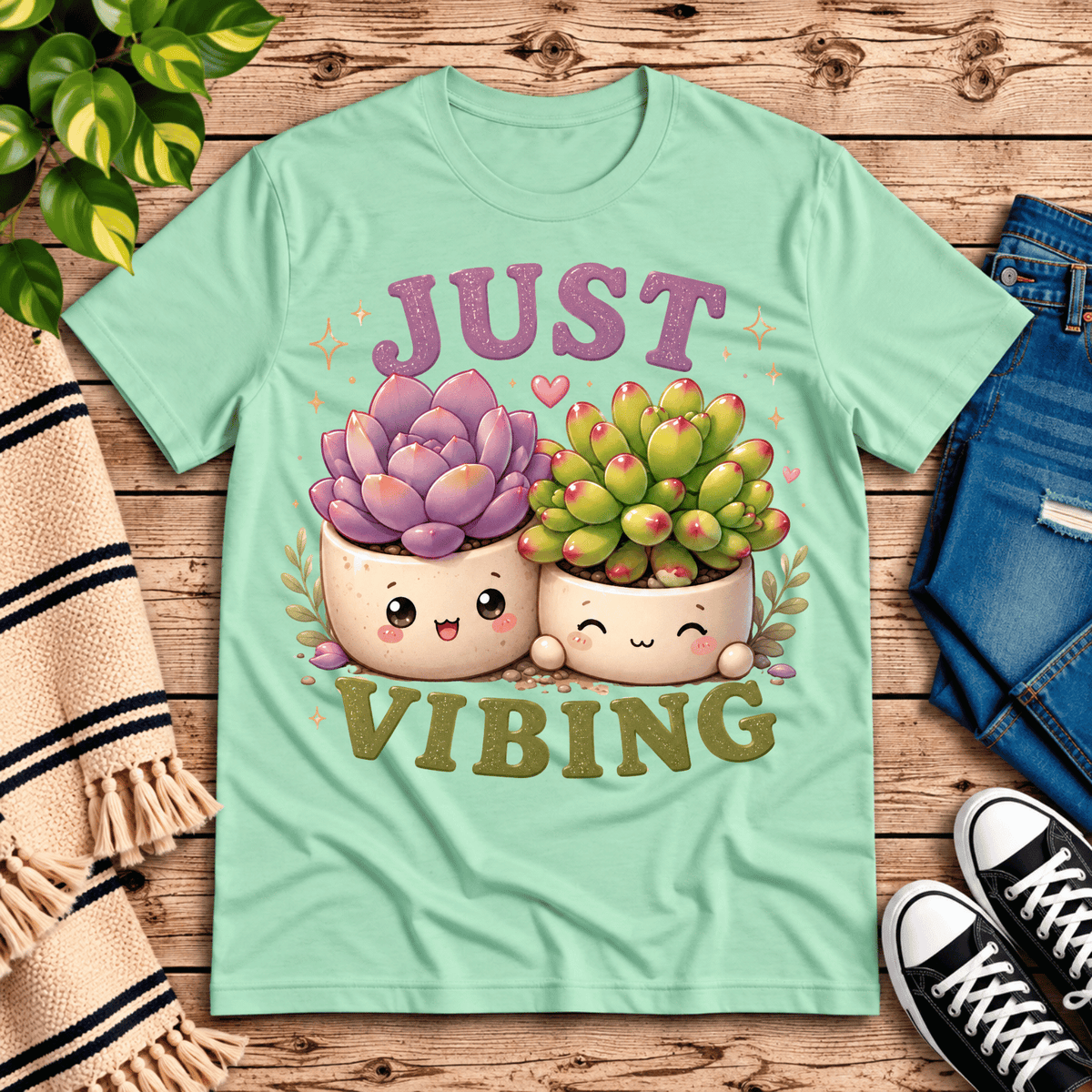 Succulent Vibing funny plant graphic t-shirt cozy flat lay in mint.
