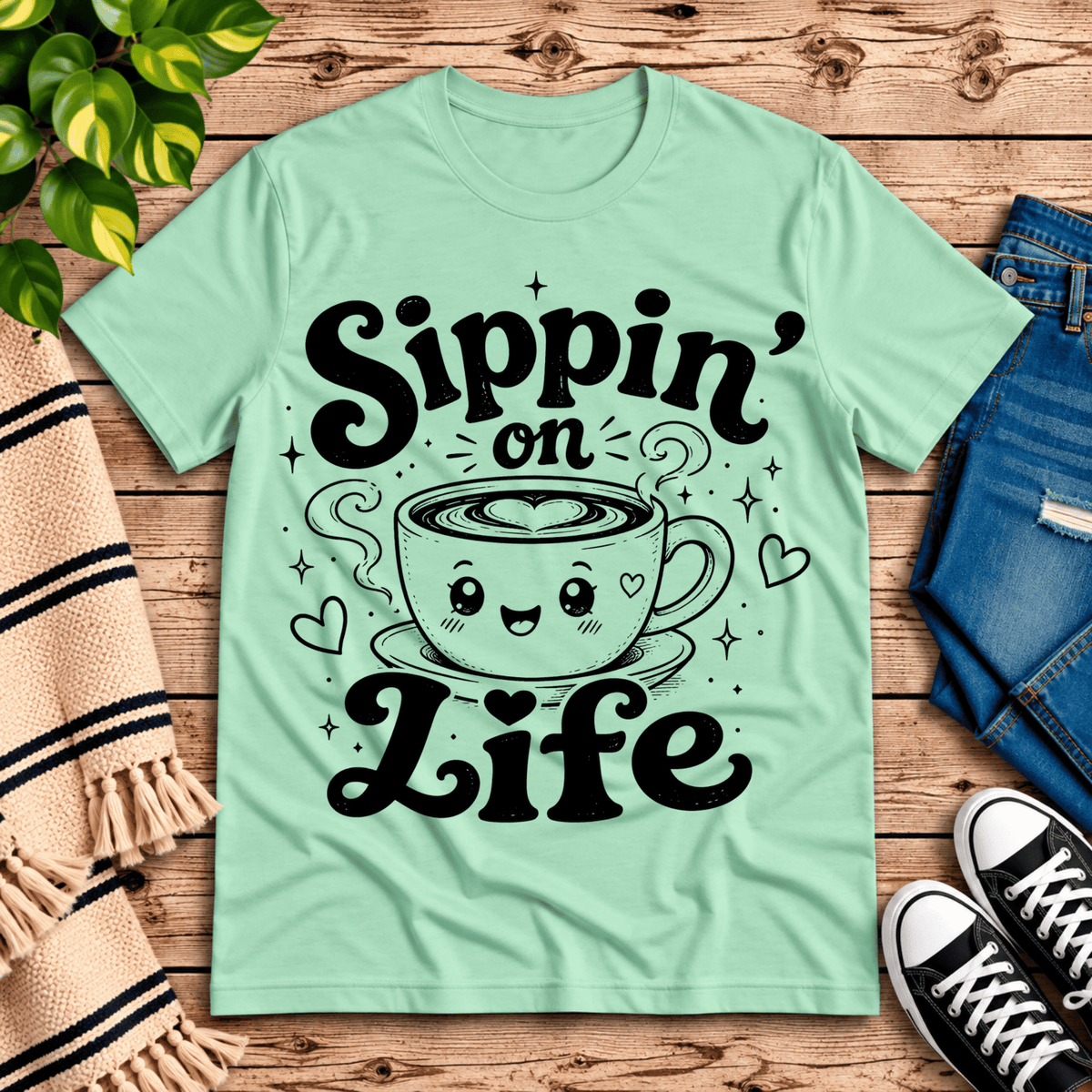 Sippin' on Life cute coffee graphic t-shirt cozy flat lay in mint.