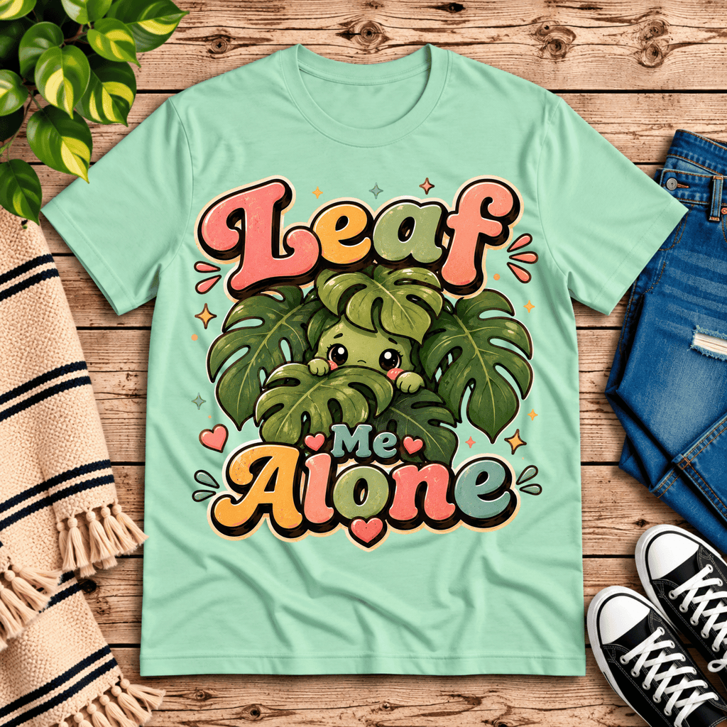 Leaf Me Alone funny nature graphic t-shirt cozy flat lay in mint.