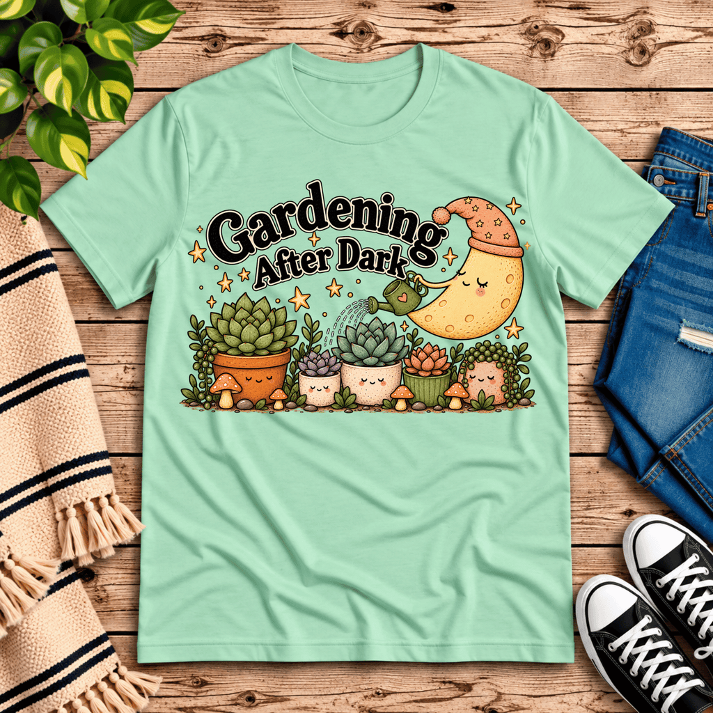Gardening After Dark nature lover graphic t-shirt cozy flat lay in mint.