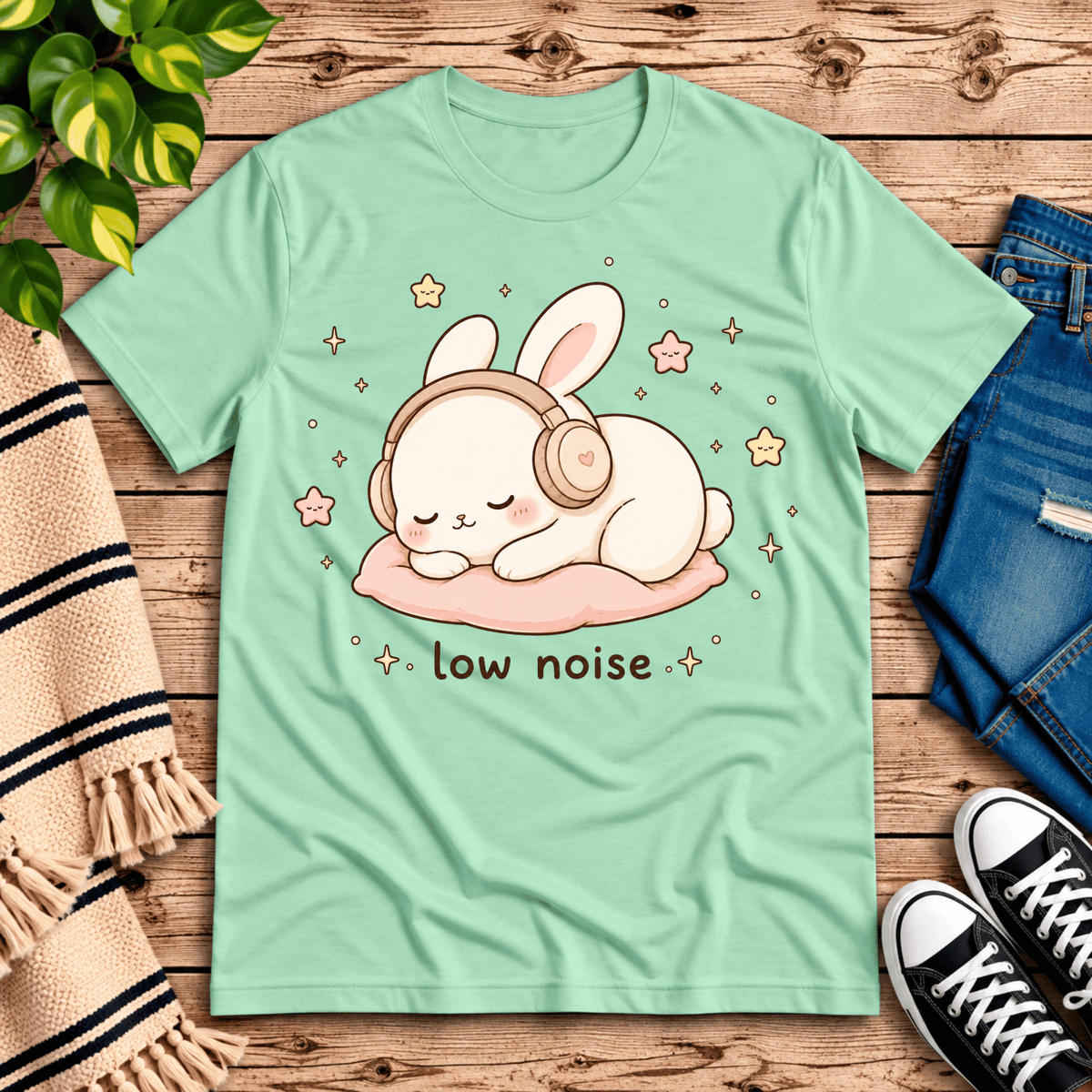 Low Noise Bunny cute animal graphic t-shirt cozy flat lay in mint.