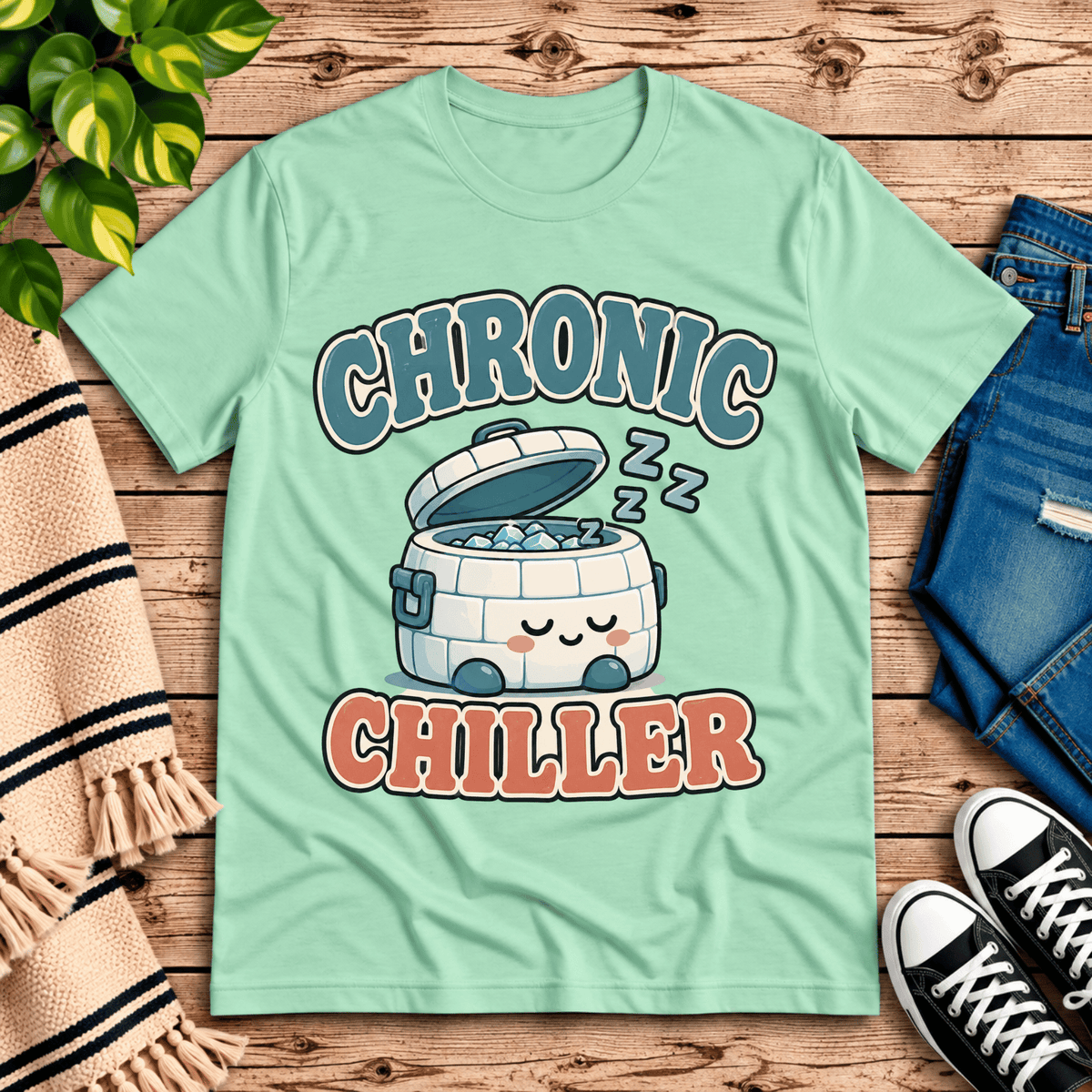 Chronic Chiller funny introvert graphic t-shirt cozy flat lay in mint.