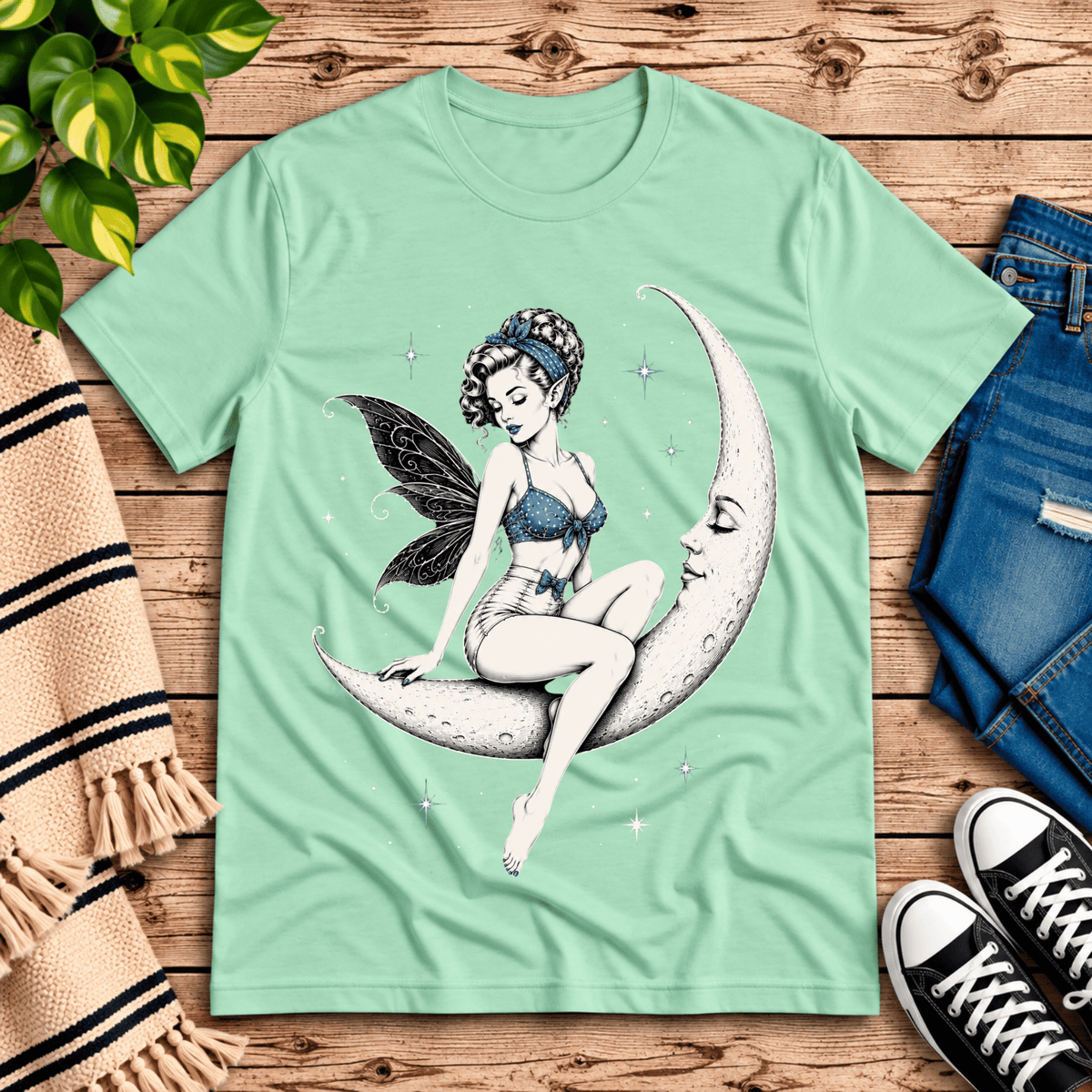 Moonlit Fairy vintage fairy graphic t-shirt cozy flat lay in mint.