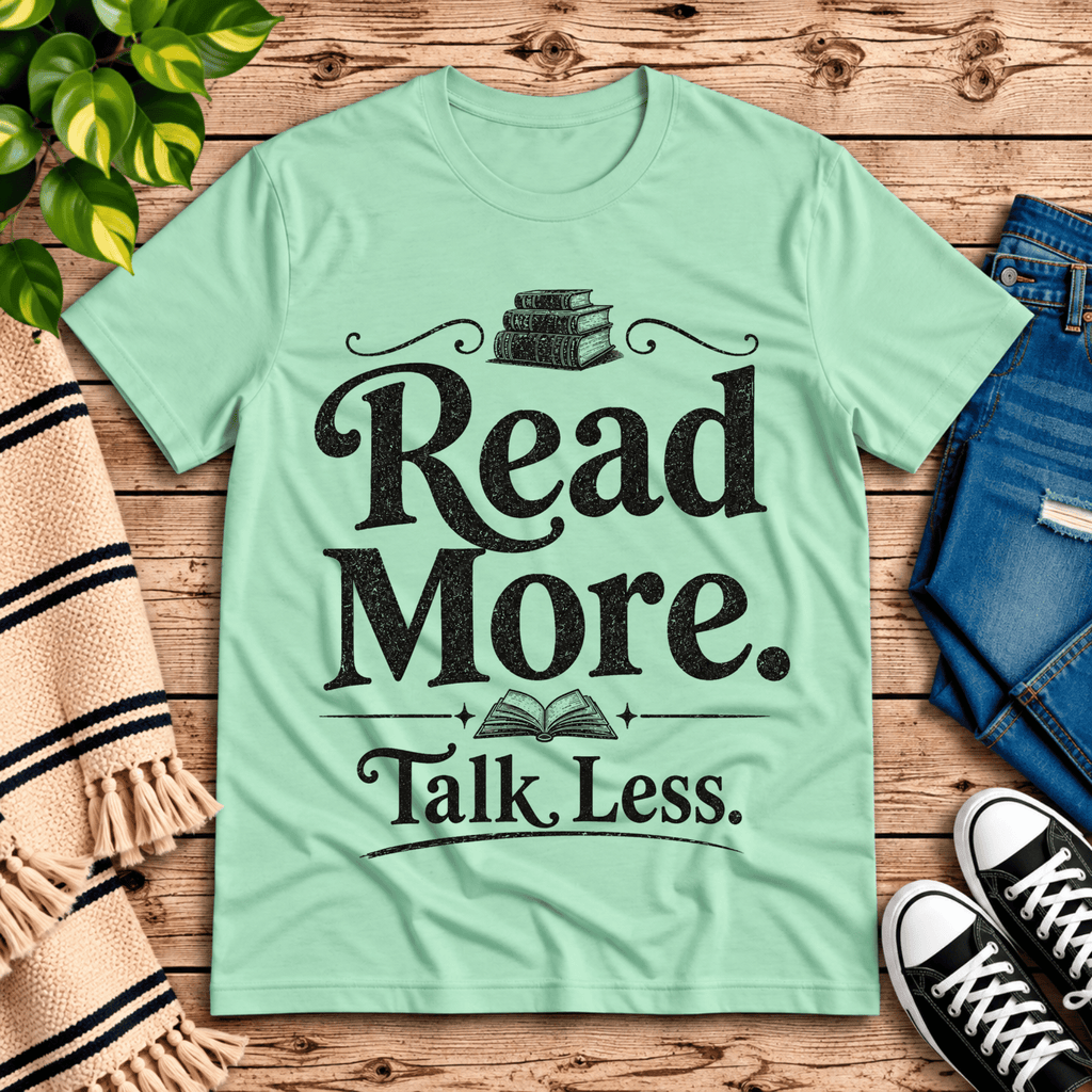Talk Less funny book graphic t-shirt cozy flat lay in mint.