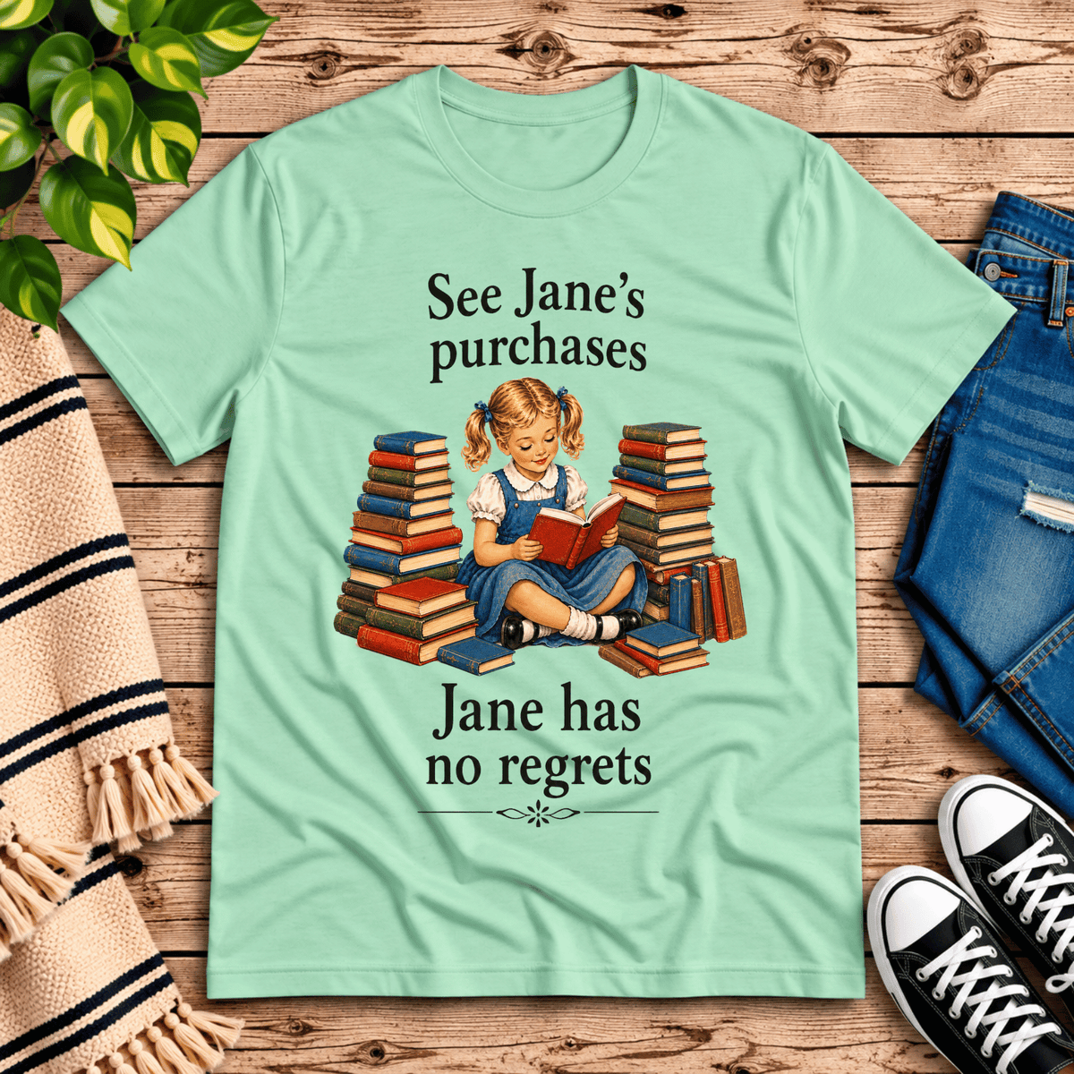 See Jane's Purchases vintage book graphic t-shirt cozy flat lay in mint.