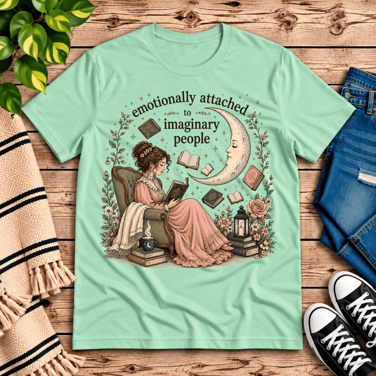 Imaginary People cute book graphic t-shirt cozy flat lay in mint.