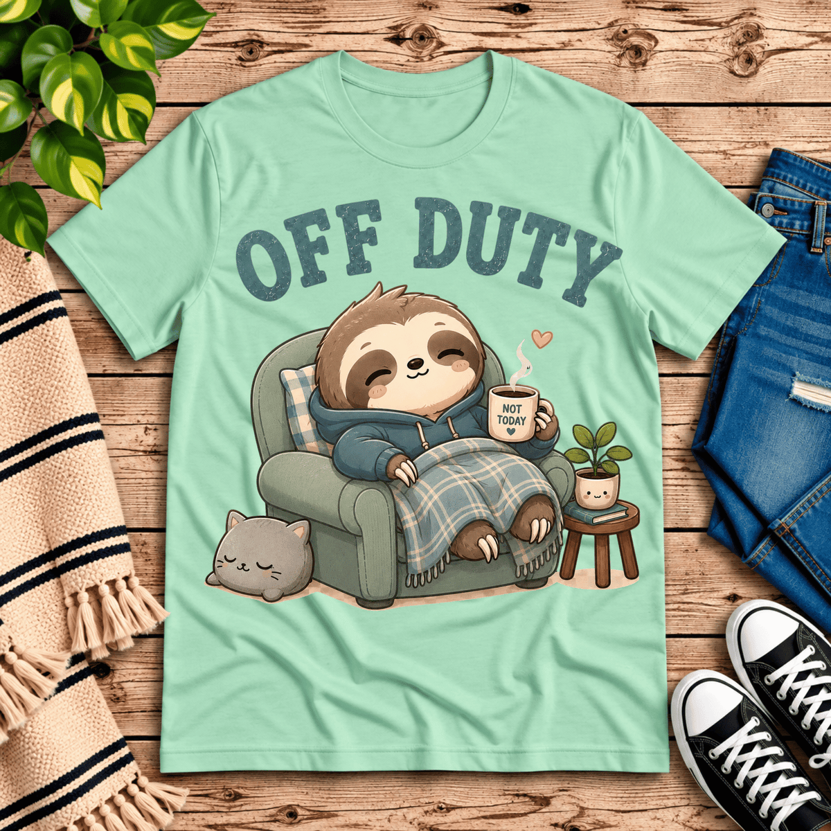 Off Duty cute animal graphic t-shirt cozy flat lay in mint.