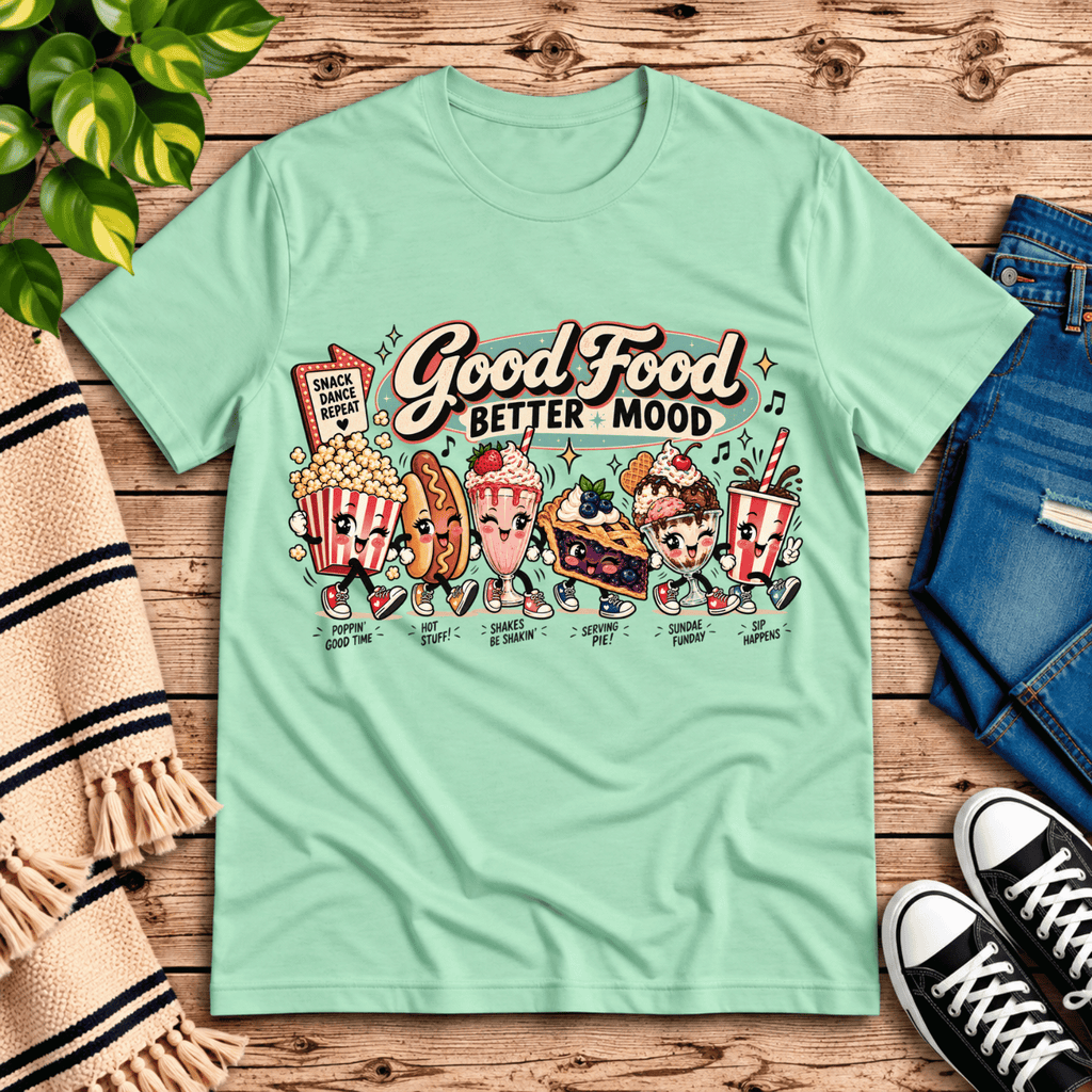 Good Food retro food graphic t-shirt cozy flat lay in mint.