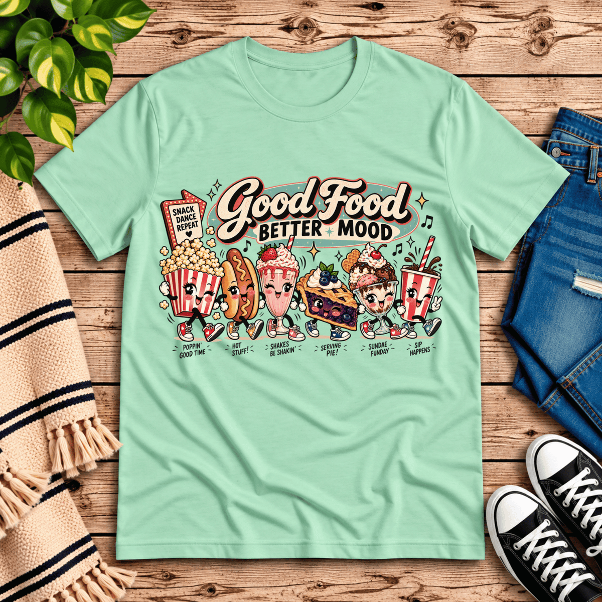 Good Food retro food graphic t-shirt cozy flat lay in mint.