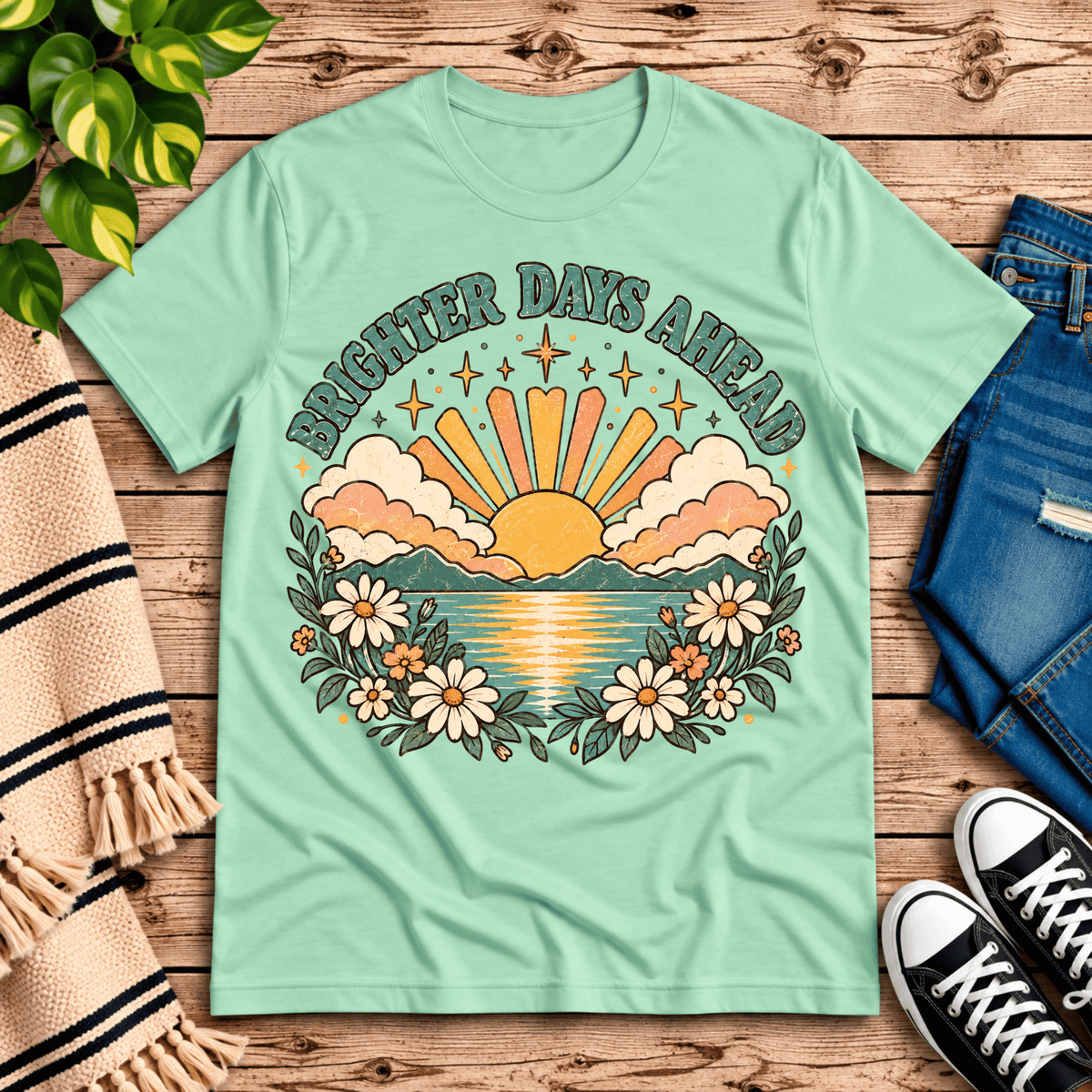 Brighter Days Ahead inspirational introvert graphic t-shirt cozy flat lay in mint.