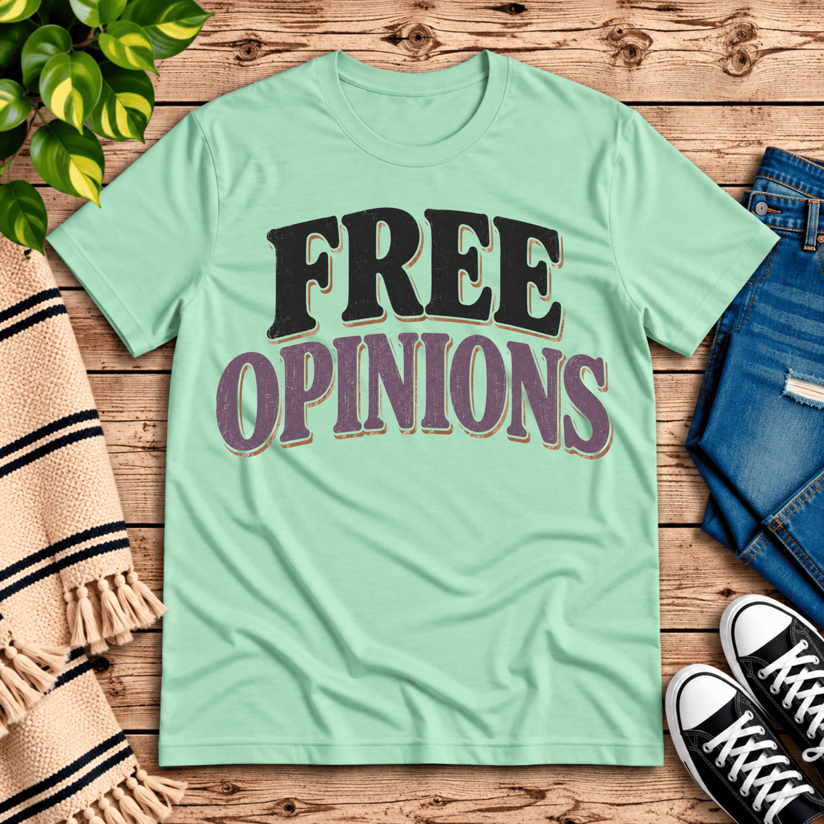 Free Opinions funny introvert graphic t-shirt cozy flat lay in mint.