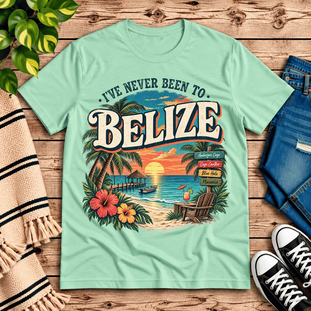 Belize funny introvert graphic t-shirt cozy flat lay in mint.